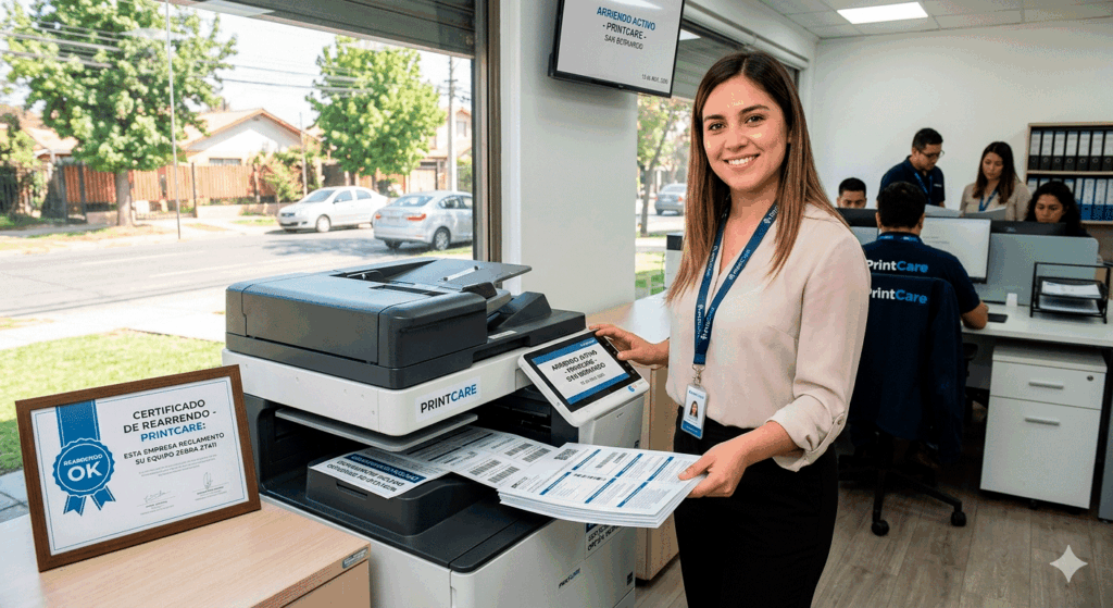 Secretaria utilizando una impresora multifuncional de alto rendimiento bajo la modalidad de arriendo de equipos de PrintCare en una oficina de Santiago