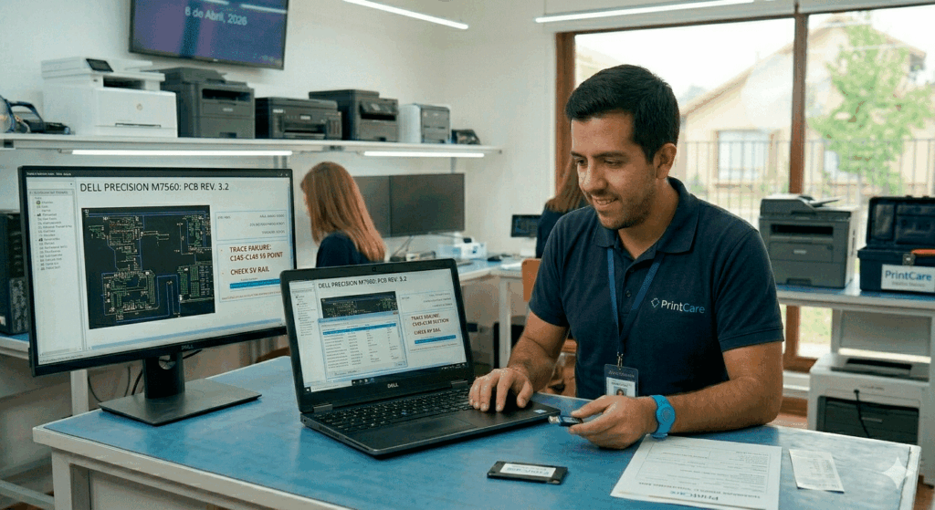 Técnico de PrintCare realizando limpieza de malware, optimización de sistema operativo y solución de problemas de software en un notebook en el laboratorio de Santiago