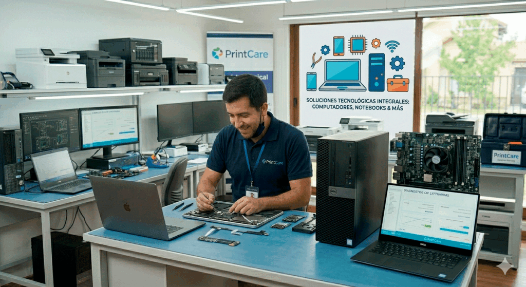 Técnico de PrintCare realizando la reparación de la placa base de un notebook junto a computadores de escritorio y equipos tecnológicos en un taller especializado en Santiago