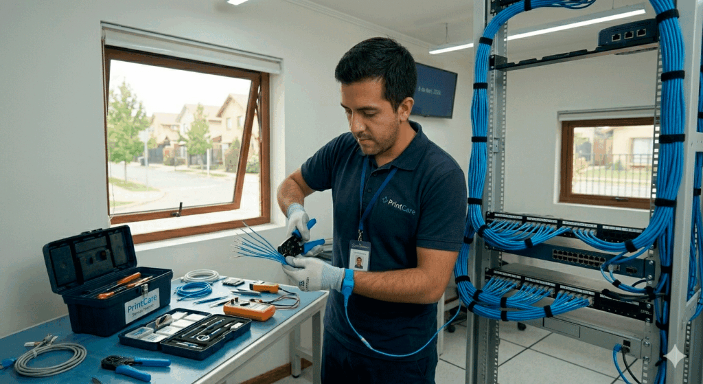 Técnico de PrintCare realizando la organización de un rack de comunicaciones y crimpado de cables de red para un proyecto de cableado estructurado en Santiago