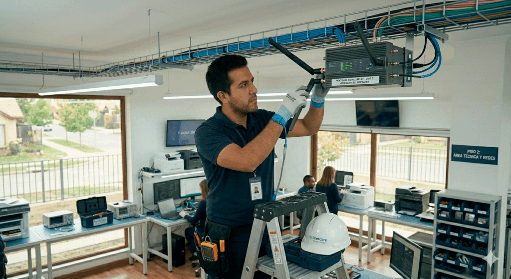 Técnico de PrintCare instalando un repetidor de señal industrial y configurando la red inalámbrica en el techo de una oficina para optimizar la conectividad Wi-Fi en Santiago