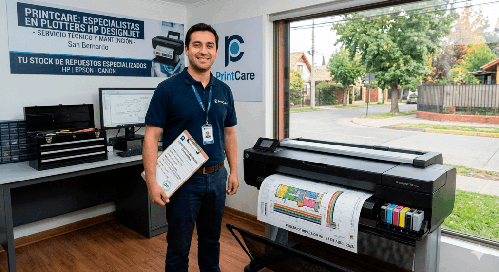 Plotter HP DesignJet T730 entregado y operativo tras mantenimiento preventivo, mostrando prueba de impresión de planos a color en el servicio técnico de PrintCare