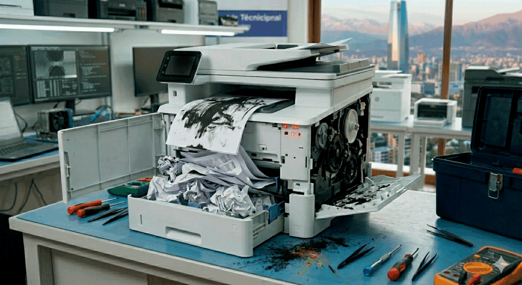 Impresora láser con atasco de papel masivo, manchas de tóner y luces rojas de error sobre un mesón de trabajo técnico con herramientas en un taller en Santiago