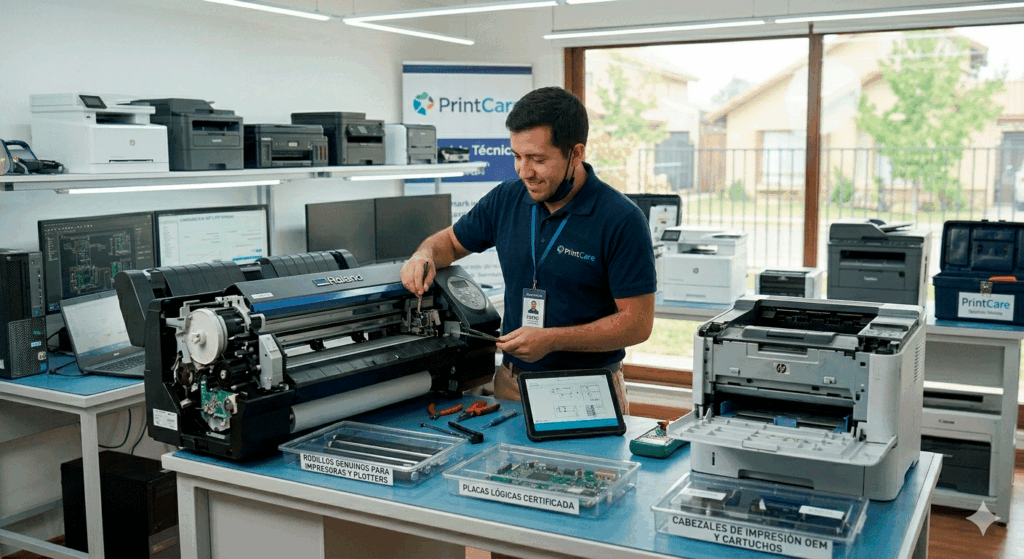 Técnico de PrintCare realizando el mantenimiento especializado de un plotter de gran formato y una impresora profesional en un taller técnico multimarca en Santiago