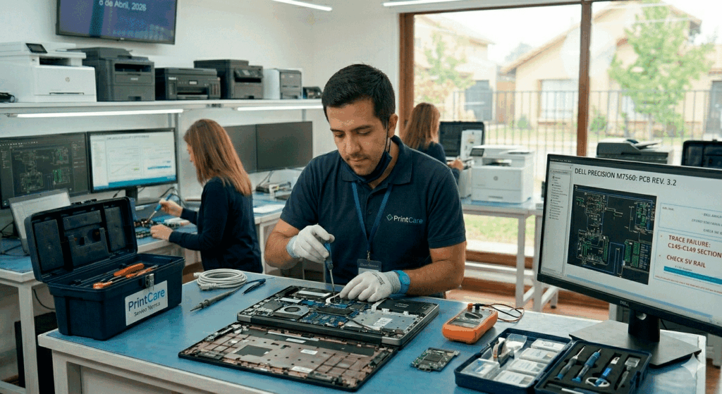 Técnico de PrintCare realizando reparación de placa madre de un notebook en un laboratorio especializado con herramientas de precisión en Santiago