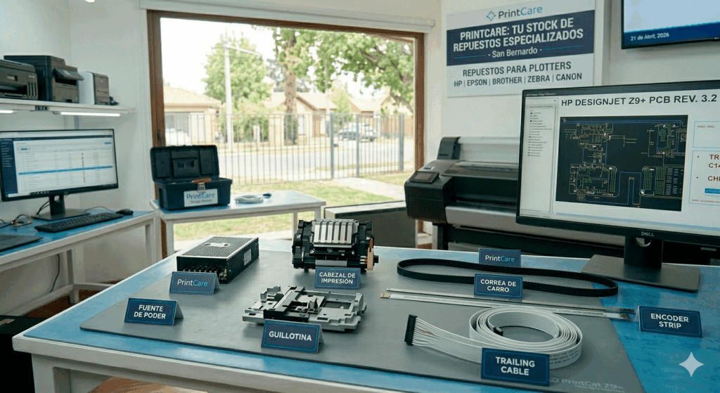 Stock de repuestos para plotters en PrintCare: cabezal de impresión, correa de carro, encoder strip, trailing cable, guillotina y fuente de poder