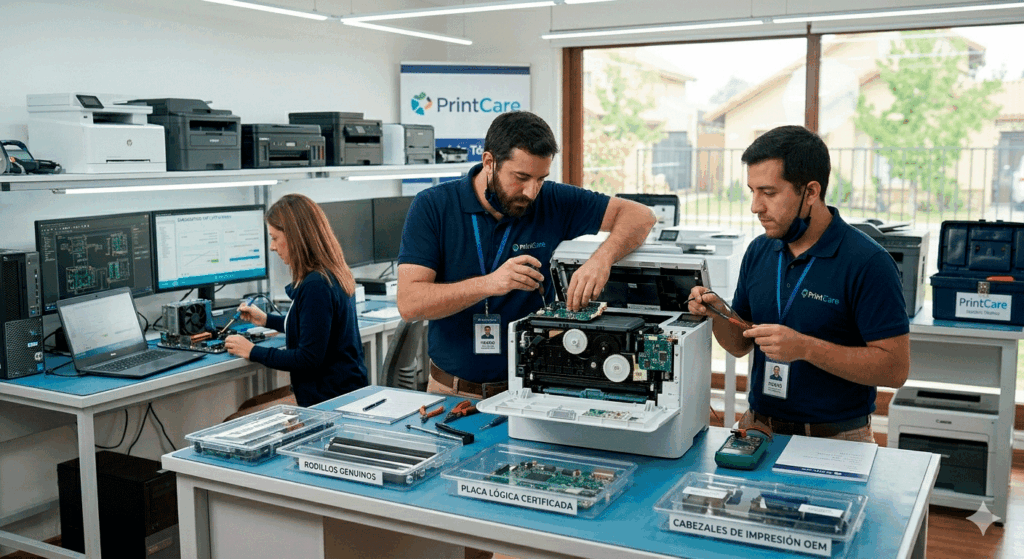 Equipo de técnicos expertos de PrintCare trabajando en un laboratorio especializado, utilizando repuestos originales para la reparación de impresoras y mantenimiento de computadores en Santiago