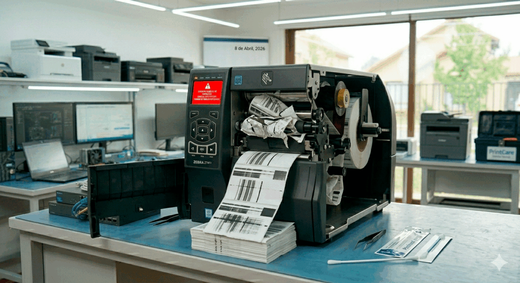 Reparación de impresora de etiquetas Zebra con falla de impresión y error de cabezal térmico en el taller especializado de PrintCare en Santiago