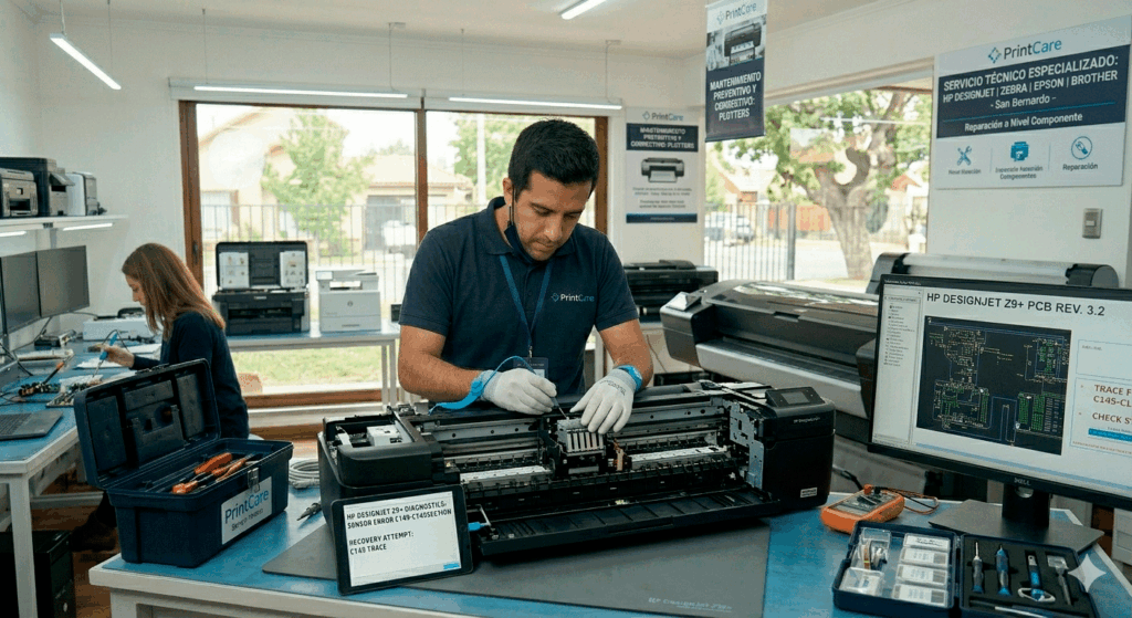 Técnico de PrintCare realizando mantenimiento correctivo y reparación de cabezales en un plotter HP DesignJet en laboratorio técnico