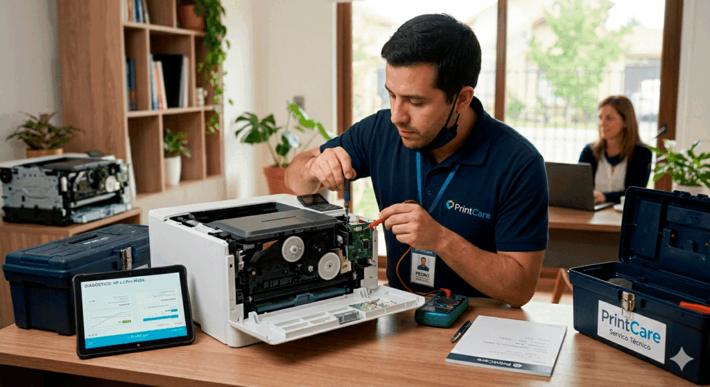 Un técnico de PrintCare inspecciona minuciosamente el interior de una impresora profesional parcialmente desmontada, realizando un diagnóstico de fallas técnico con herramientas de precisión en Santiago
